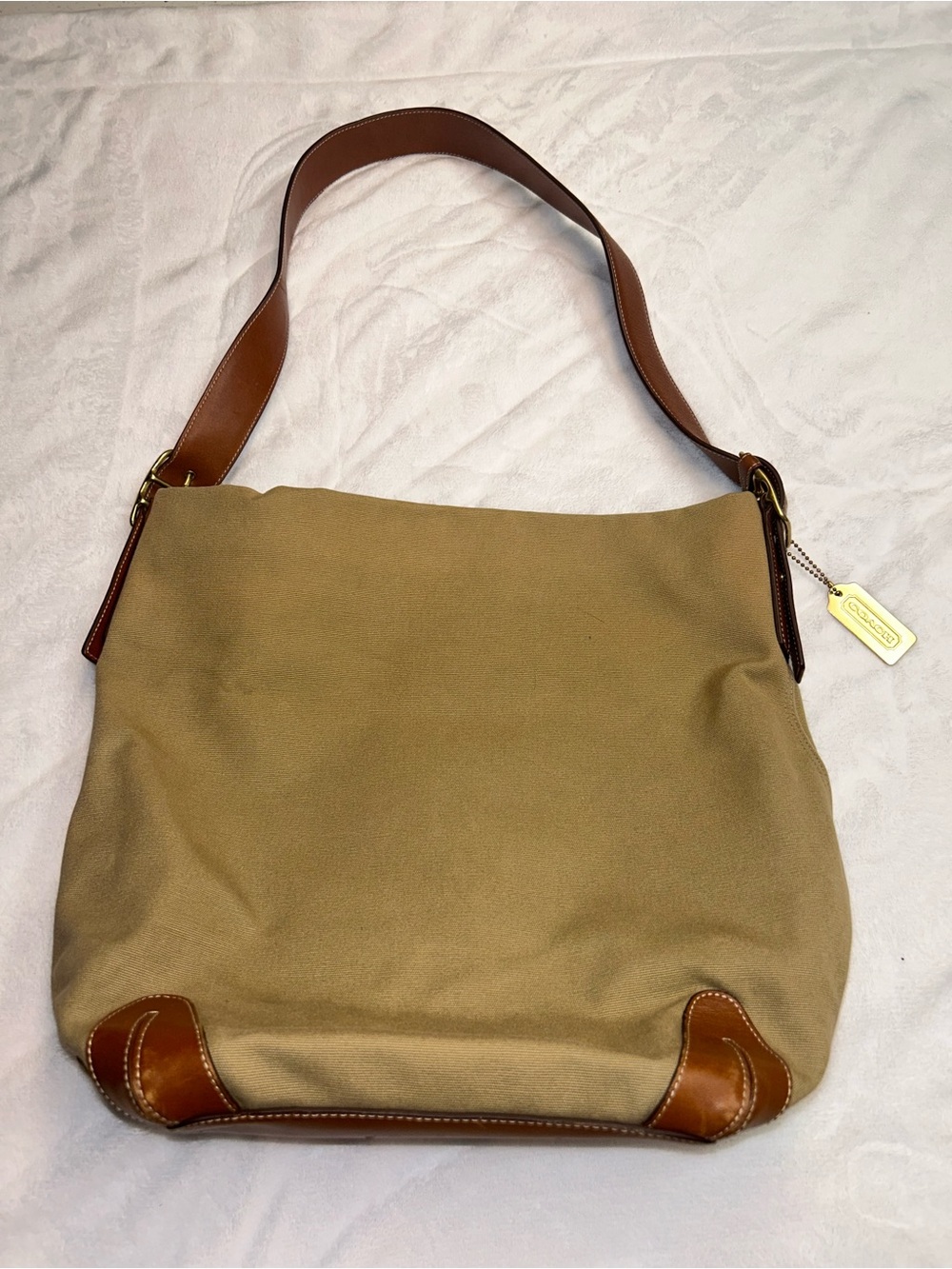 Coach Khaki Canvas Shoulder Bag with Brown Leather Trim